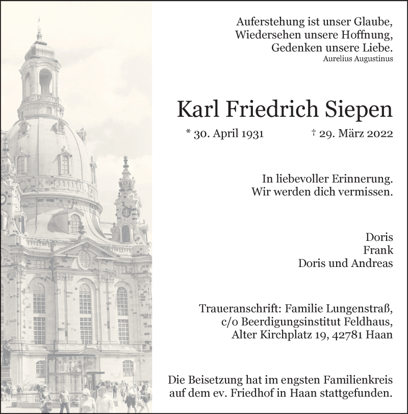  Traueranzeige für Karl Friedrich Siepen vom 09.04.2022 aus Rheinische Post