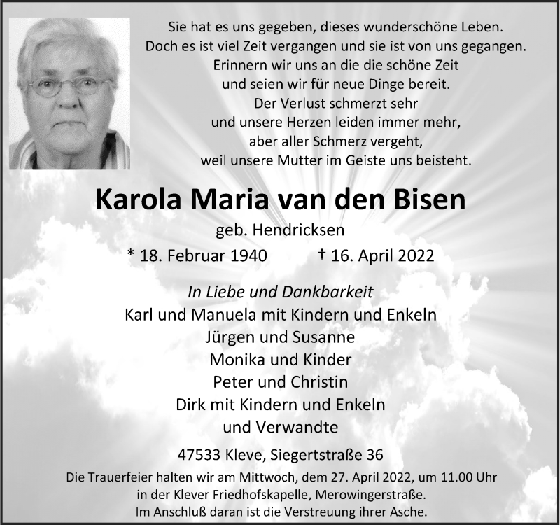  Traueranzeige für Karola Maria van den Bisen vom 23.04.2022 aus Rheinische Post