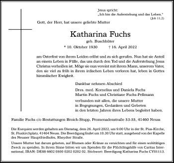 Traueranzeige von Katharina Fuchs von Rheinische Post