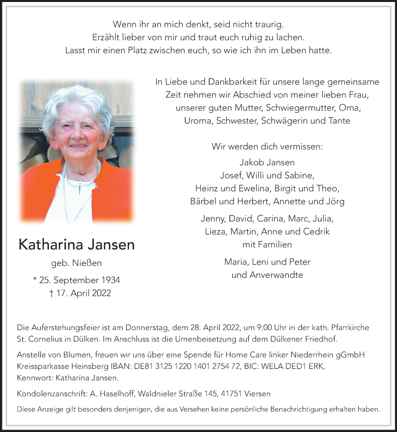  Traueranzeige für Katharina Jansen vom 23.04.2022 aus Rheinische Post
