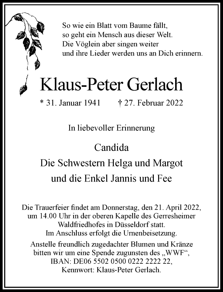  Traueranzeige für Klaus-Peter Gerlach vom 09.04.2022 aus Rheinische Post