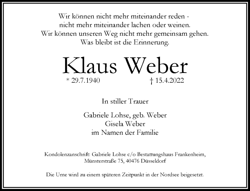  Traueranzeige für Klaus Weber vom 23.04.2022 aus Rheinische Post