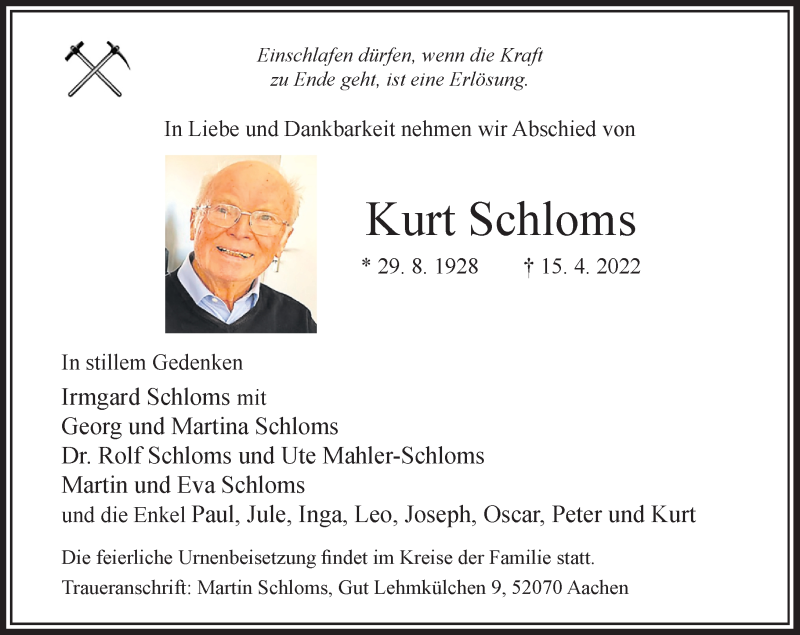  Traueranzeige für Kurt Schloms vom 21.04.2022 aus Rheinische Post