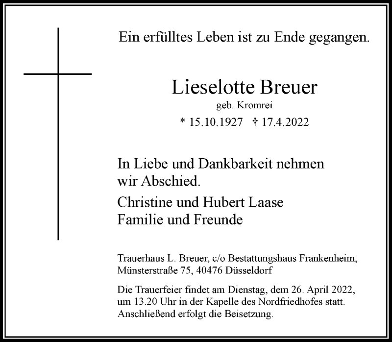  Traueranzeige für Lieselotte Breuer vom 23.04.2022 aus Rheinische Post