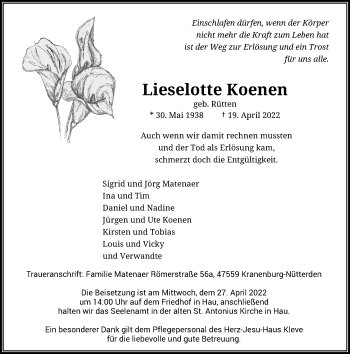 Traueranzeige von Lieselotte Koenen von Rheinische Post