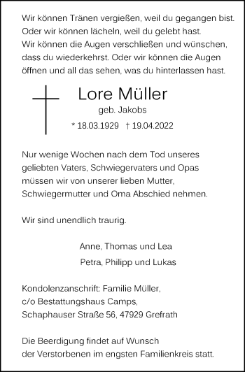 Traueranzeige von Lore Müller von Rheinische Post