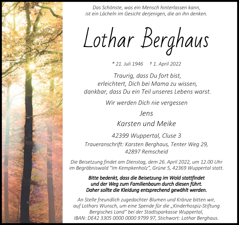  Traueranzeige für Lothar Berghaus vom 09.04.2022 aus Rheinische Post