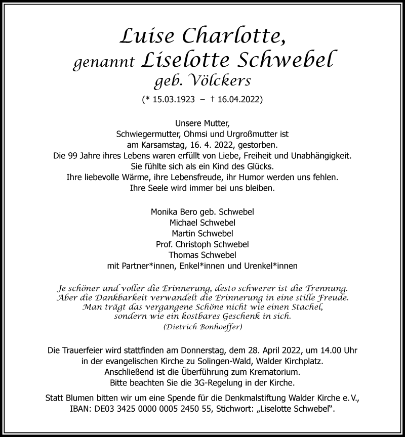  Traueranzeige für Luise Charlotte vom 23.04.2022 aus Rheinische Post