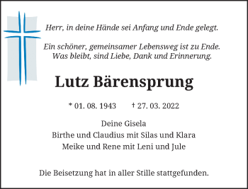 Traueranzeige von Lutz Bärensprung von Rheinische Post