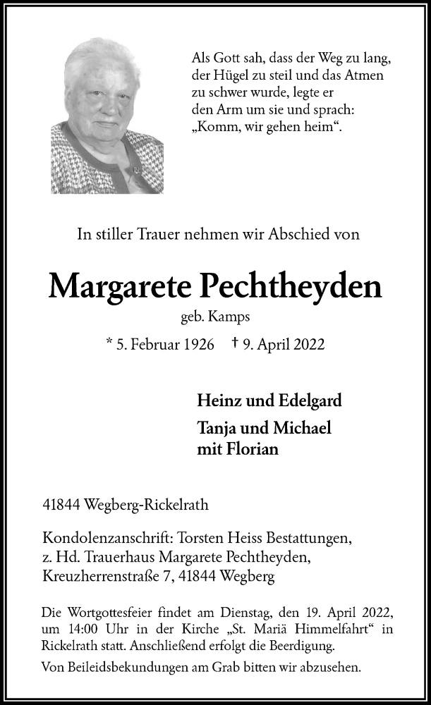  Traueranzeige für Margarete Pechtheyden vom 16.04.2022 aus Rheinische Post