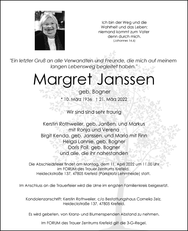  Traueranzeige für Margret Janssen vom 02.04.2022 aus Rheinische Post