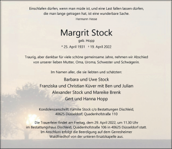 Traueranzeige von Margrit Stock von Rheinische Post