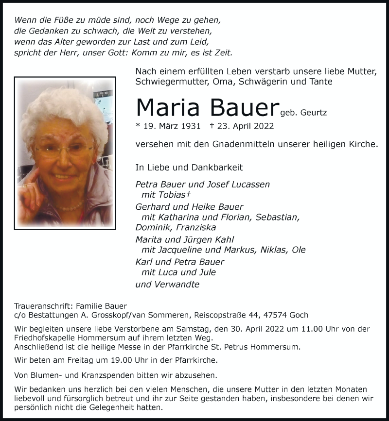  Traueranzeige für Maria Bauer vom 27.04.2022 aus Rheinische Post