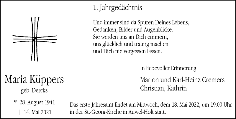  Traueranzeige für Maria Küppers vom 14.05.2022 aus Rheinische Post