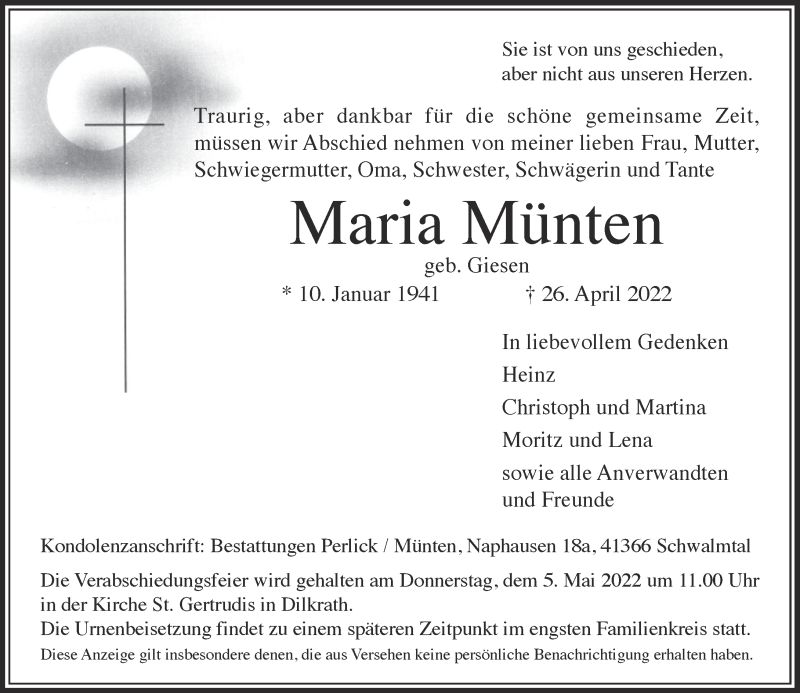  Traueranzeige für Maria Münten vom 30.04.2022 aus Rheinische Post