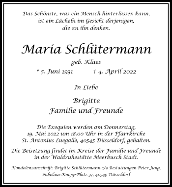 Traueranzeige von Maria Schlütermann von Rheinische Post