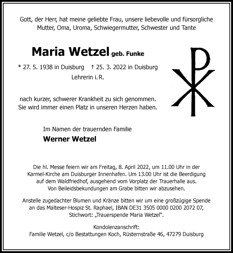 Traueranzeige für Maria Wetzel vom 02.04.2022 aus Rheinische Post