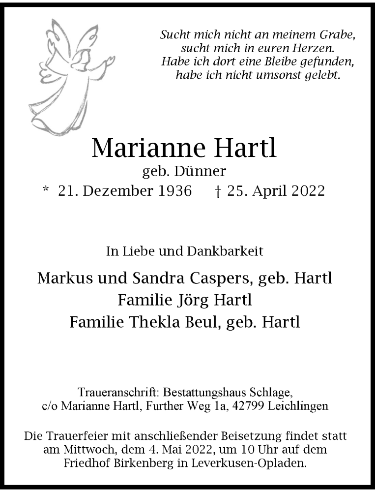  Traueranzeige für Marianne Hartl vom 30.04.2022 aus Rheinische Post