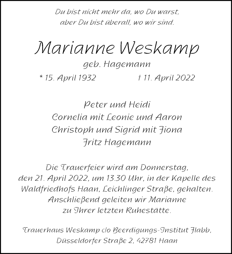 Traueranzeige für Marianne Weskamp vom 20.04.2022 aus Rheinische Post