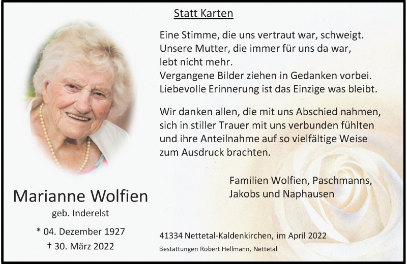  Traueranzeige für Marianne Wolfien vom 30.04.2022 aus Rheinische Post
