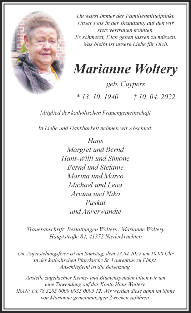  Traueranzeige für Marianne Woltery vom 21.04.2022 aus Rheinische Post