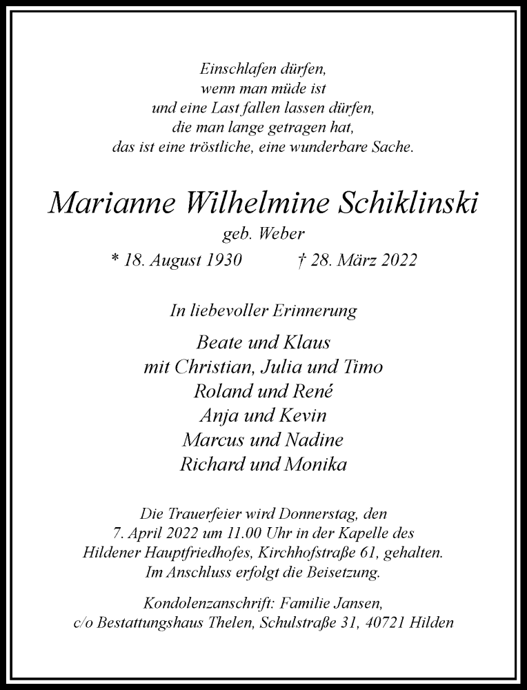  Traueranzeige für Marianne Wilhelmine Schiklinski vom 02.04.2022 aus Rheinische Post