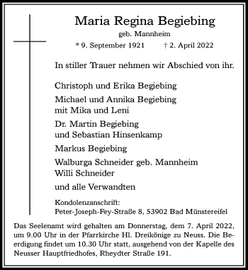 Traueranzeige von Maria Regina Begiebing von Rheinische Post