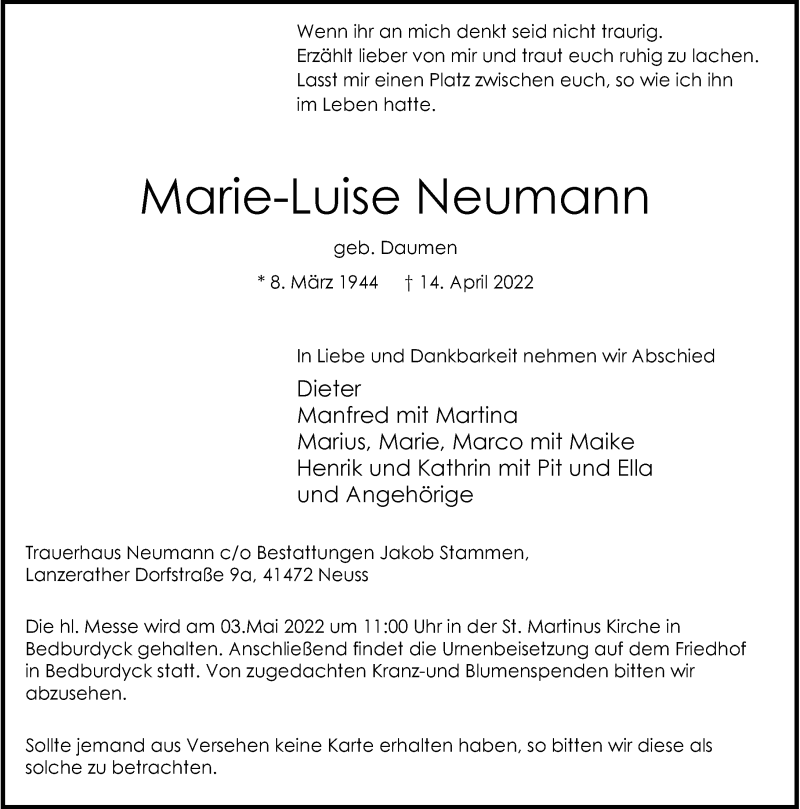  Traueranzeige für Marie-Luise Neumann vom 30.04.2022 aus Rheinische Post