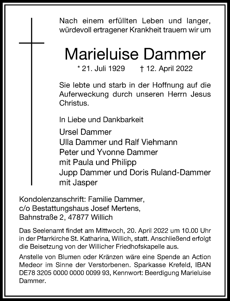  Traueranzeige für Marieluise Dammer vom 16.04.2022 aus Rheinische Post