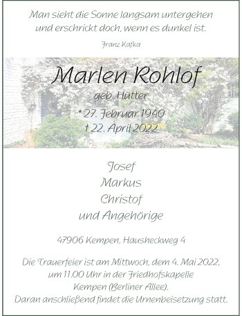 Traueranzeige von Marlen Rohlof von Rheinische Post