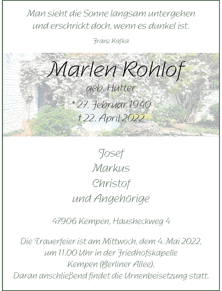  Traueranzeige für Marlen Rohlof vom 30.04.2022 aus Rheinische Post