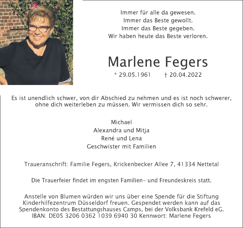  Traueranzeige für Marlene Fegers vom 23.04.2022 aus Rheinische Post