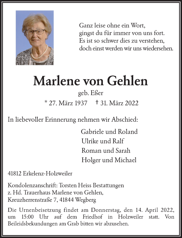  Traueranzeige für Marlene von Gehlen vom 09.04.2022 aus Rheinische Post