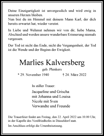 Traueranzeige von Marlies Kalversberg von Rheinische Post