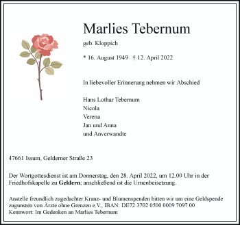 Traueranzeige von Marlies Tebernum von Rheinische Post