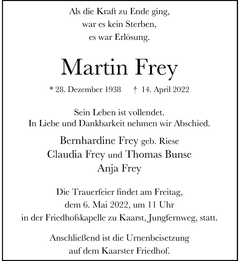  Traueranzeige für Martin Frey vom 23.04.2022 aus Rheinische Post
