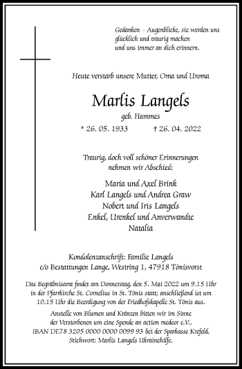 Traueranzeige von Martis Langels von Rheinische Post