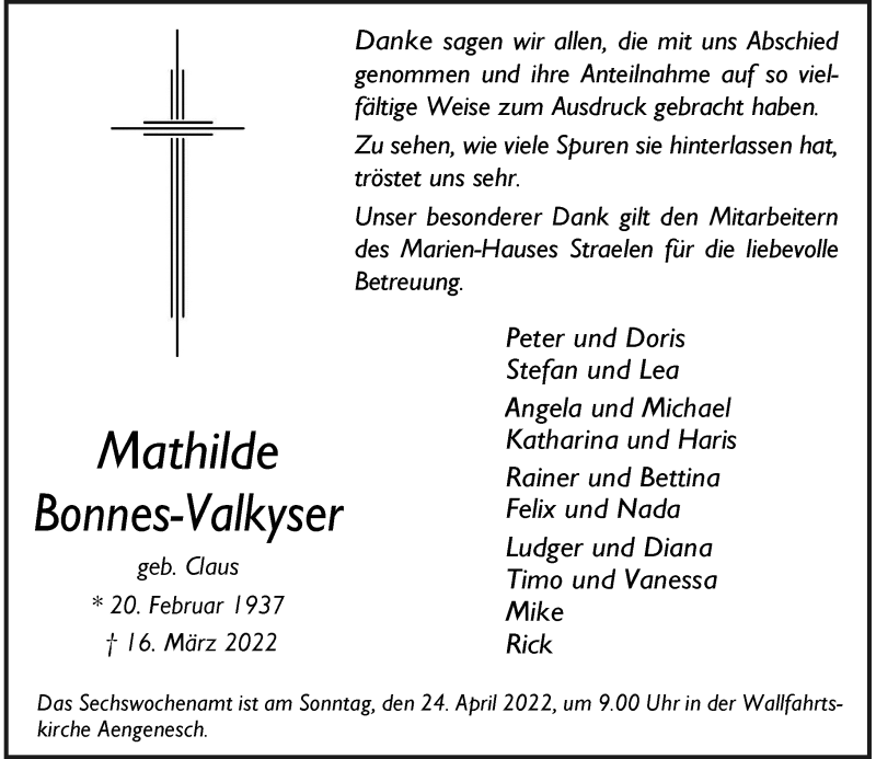  Traueranzeige für Mathilde Bonnes-Valkyser vom 20.04.2022 aus Rheinische Post