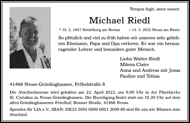  Traueranzeige für Michael Riedl vom 20.04.2022 aus Rheinische Post