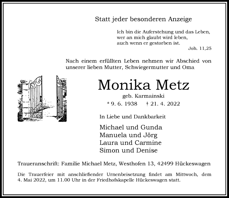  Traueranzeige für Monika Metz vom 30.04.2022 aus Rheinische Post