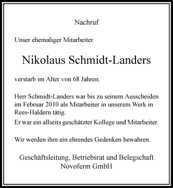 Traueranzeige von Nikolaus Schmidt-Landers von Rheinische Post