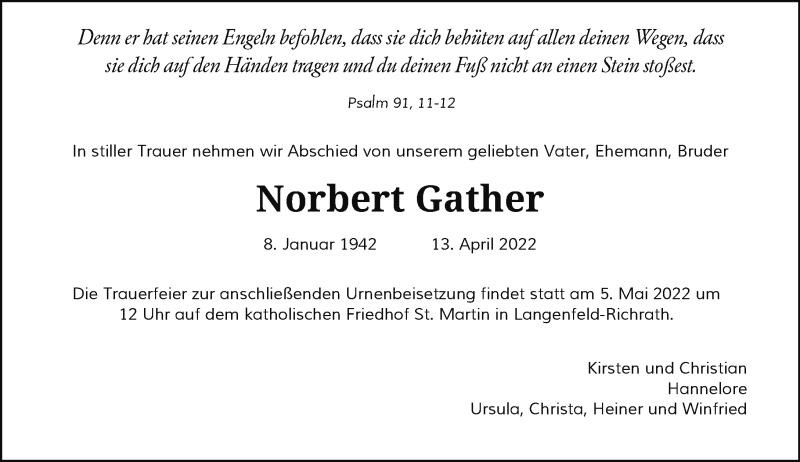  Traueranzeige für Norbert Gather vom 23.04.2022 aus Rheinische Post