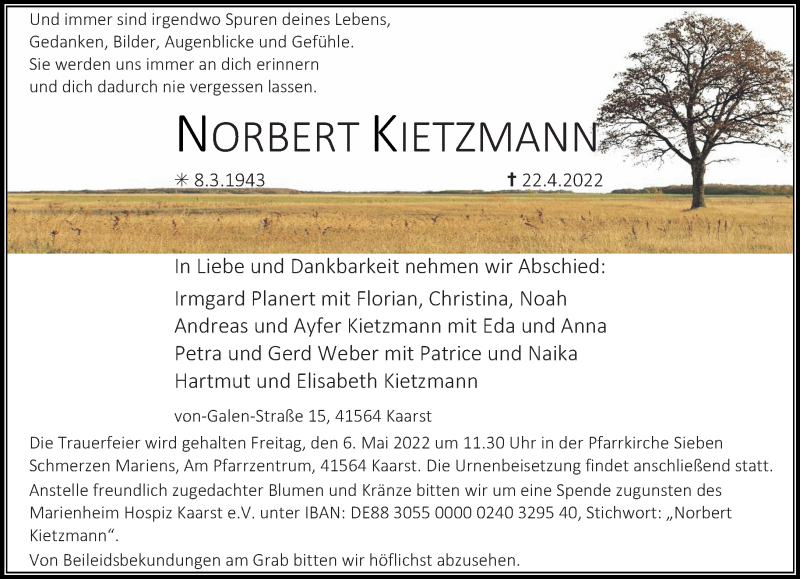 Traueranzeige für Norbert Kietzmann vom 30.04.2022 aus Rheinische Post