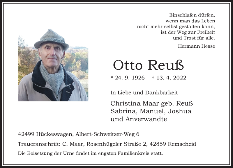  Traueranzeige für Otto Reuß vom 23.04.2022 aus Rheinische Post