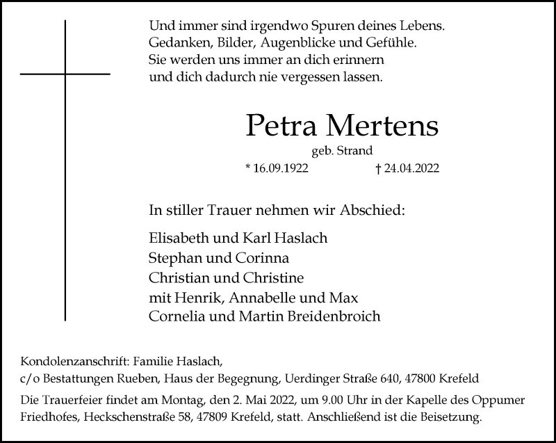  Traueranzeige für Petra Mertens vom 30.04.2022 aus Rheinische Post