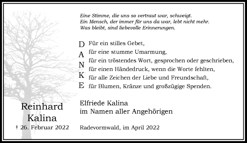  Traueranzeige für Reinhard Kalina vom 02.04.2022 aus Rheinische Post