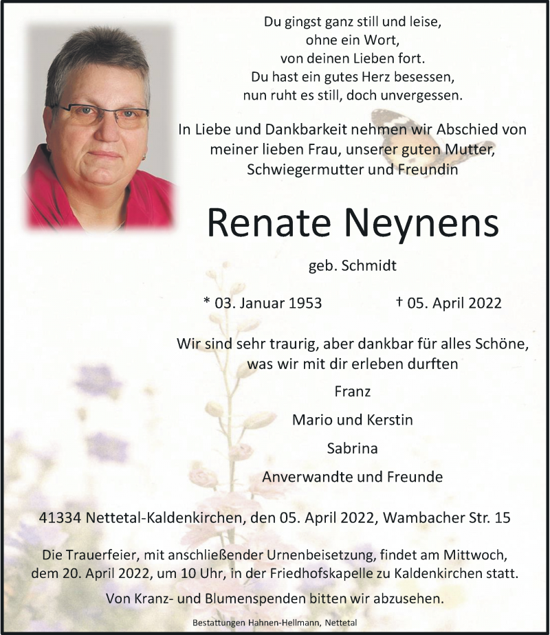  Traueranzeige für Renate Neynens vom 09.04.2022 aus Rheinische Post