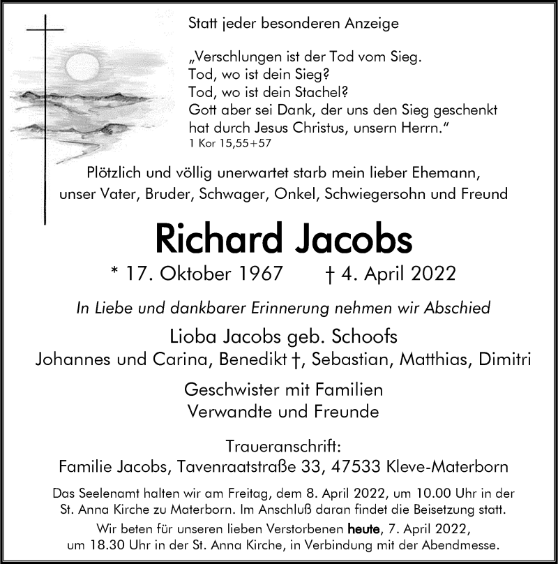  Traueranzeige für Richard Jacobs vom 07.04.2022 aus Rheinische Post