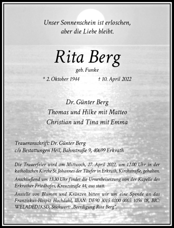 Traueranzeige von Rita Berg von Rheinische Post