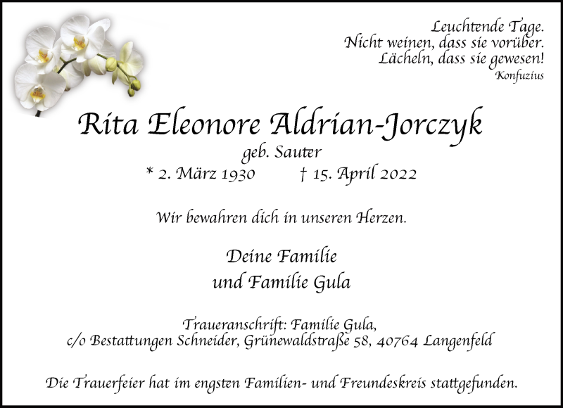  Traueranzeige für Rita Eleonore Aldrian-Jorczyk vom 07.05.2022 aus Rheinische Post